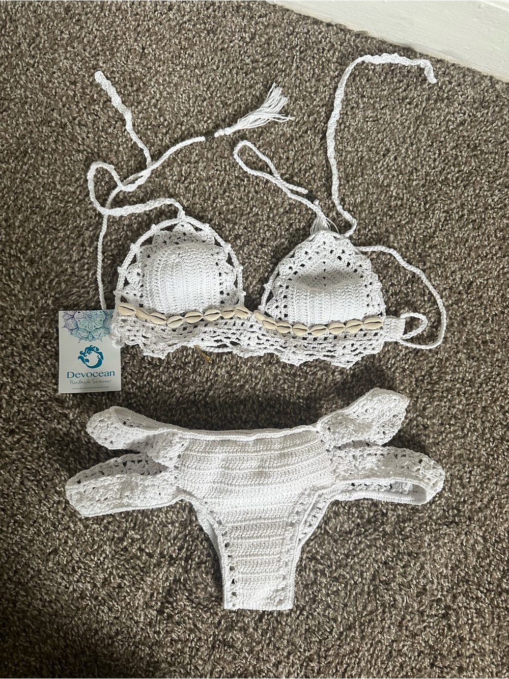 White Crochet Bikini Set with Shell Trim